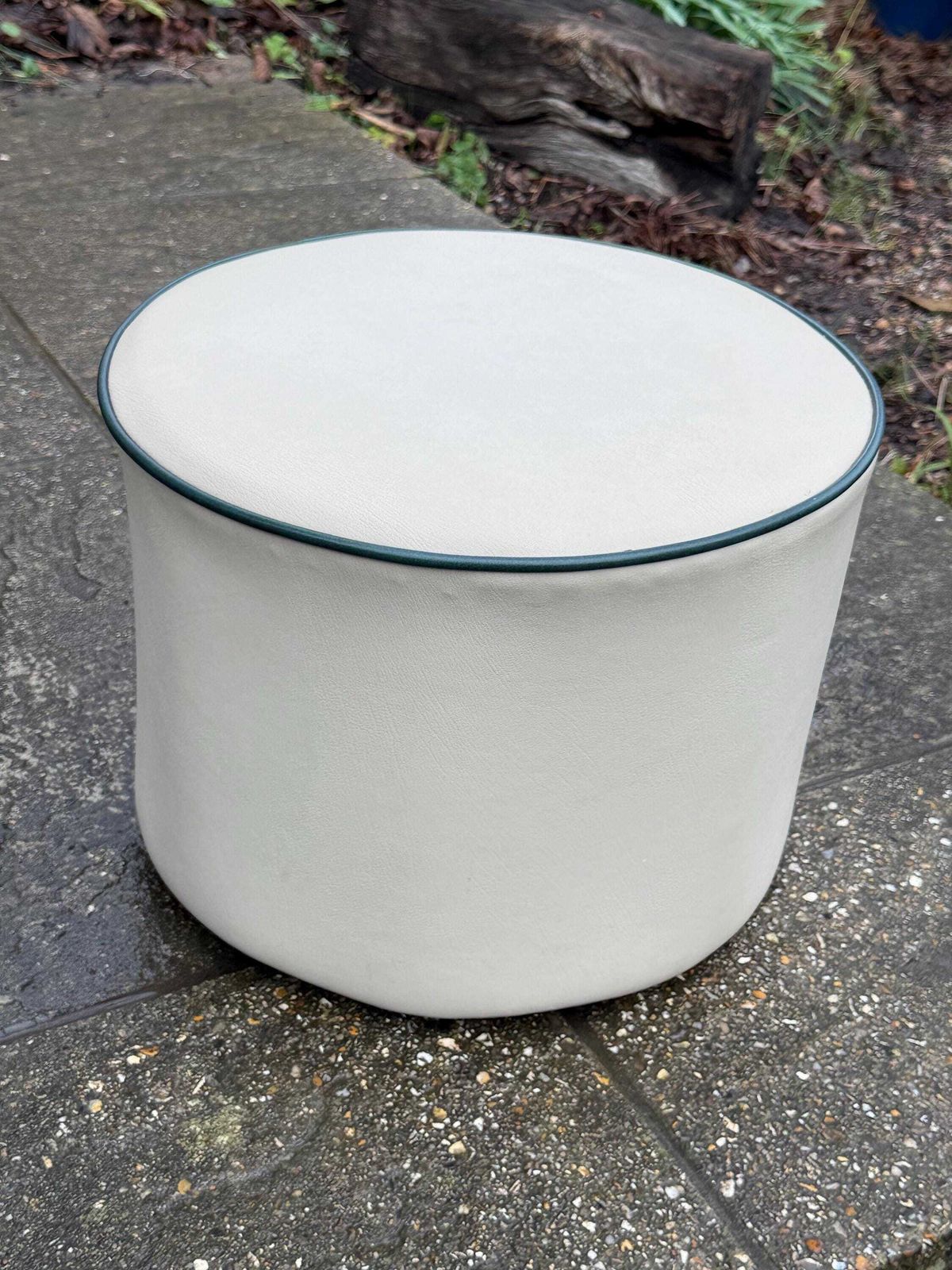photo furniture Vintage Faux Leather Cream Cylinder Stool / Ottoman With Dark Green Trim, C. 1970s–Early 1980s