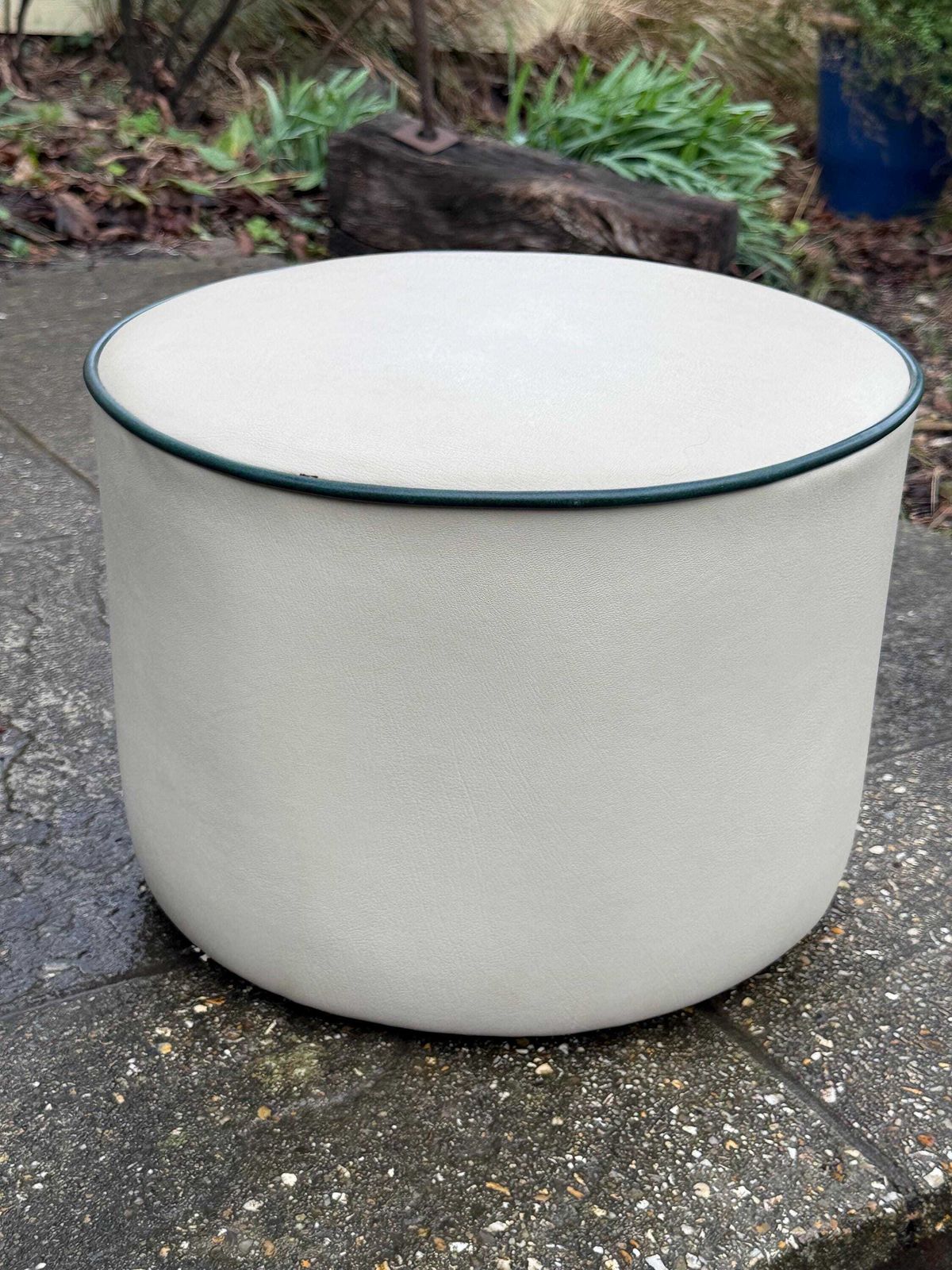 Vintage Faux Leather Cream Cylinder Stool / Ottoman With Dark Green Trim, C. 1970s–Early 1980s photo Furniture