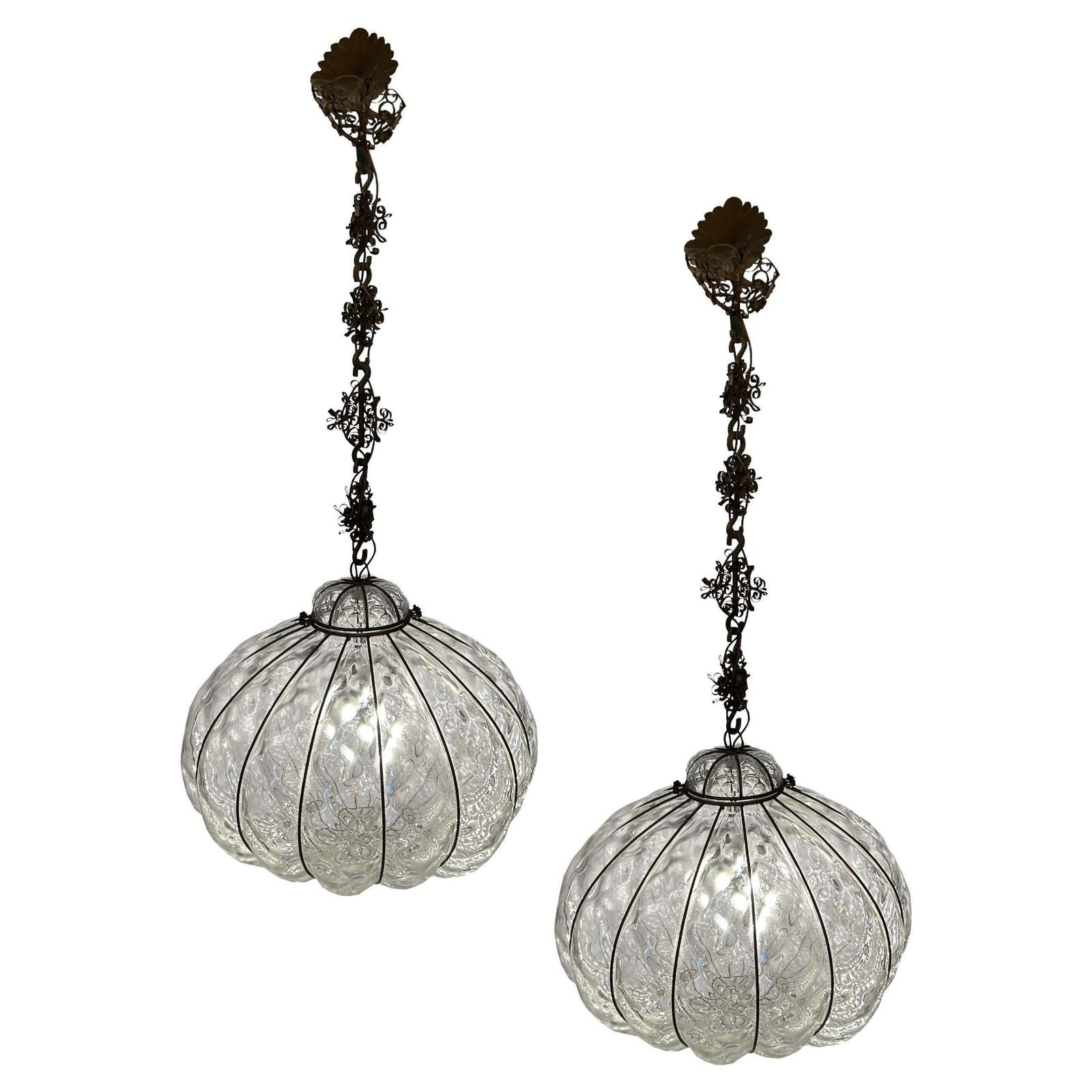 Pair Of Fabulous Venetian Lanterns, Murano Glass, 1980's