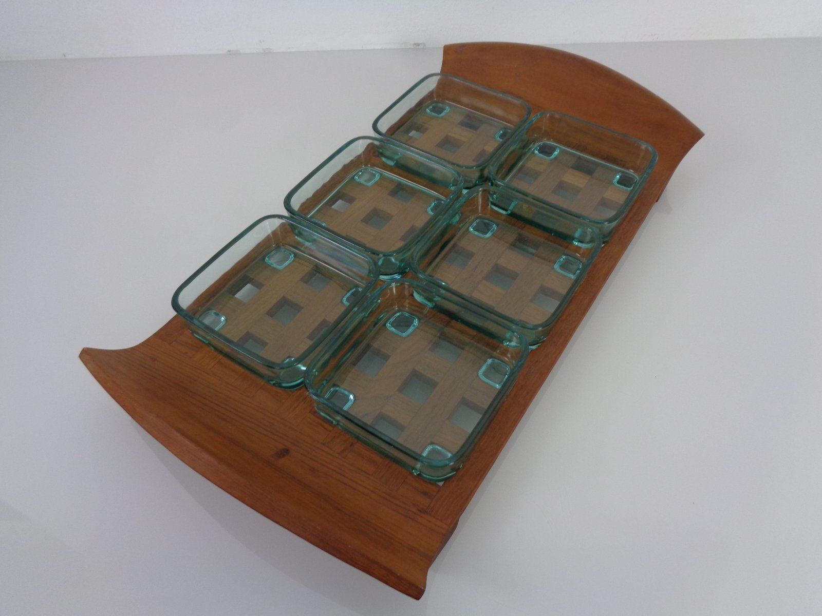 Teak Tray With Glass Bowls By Jens Quistgaard For Ihq Dansk Designs, 1960s, Set Of 7 photo 286.0