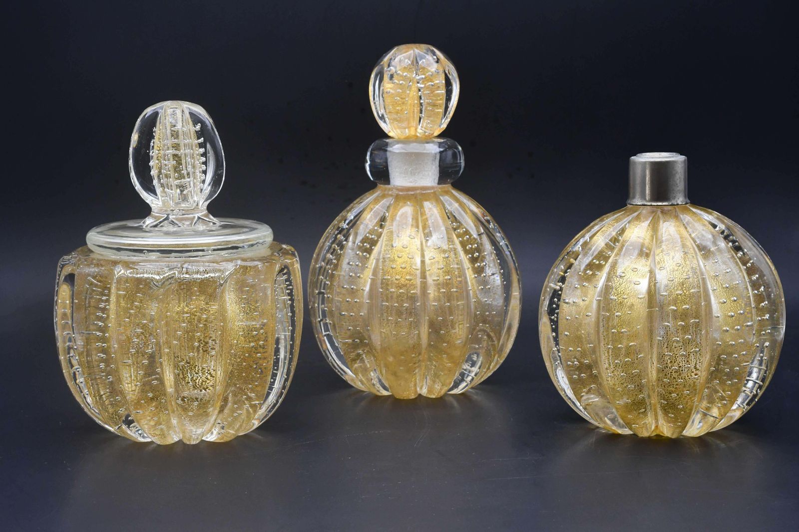 Set Of 3 Gold Ercole Barovier "Bullicante" Murano Glass Vase For Barovier & Toso photo furniture