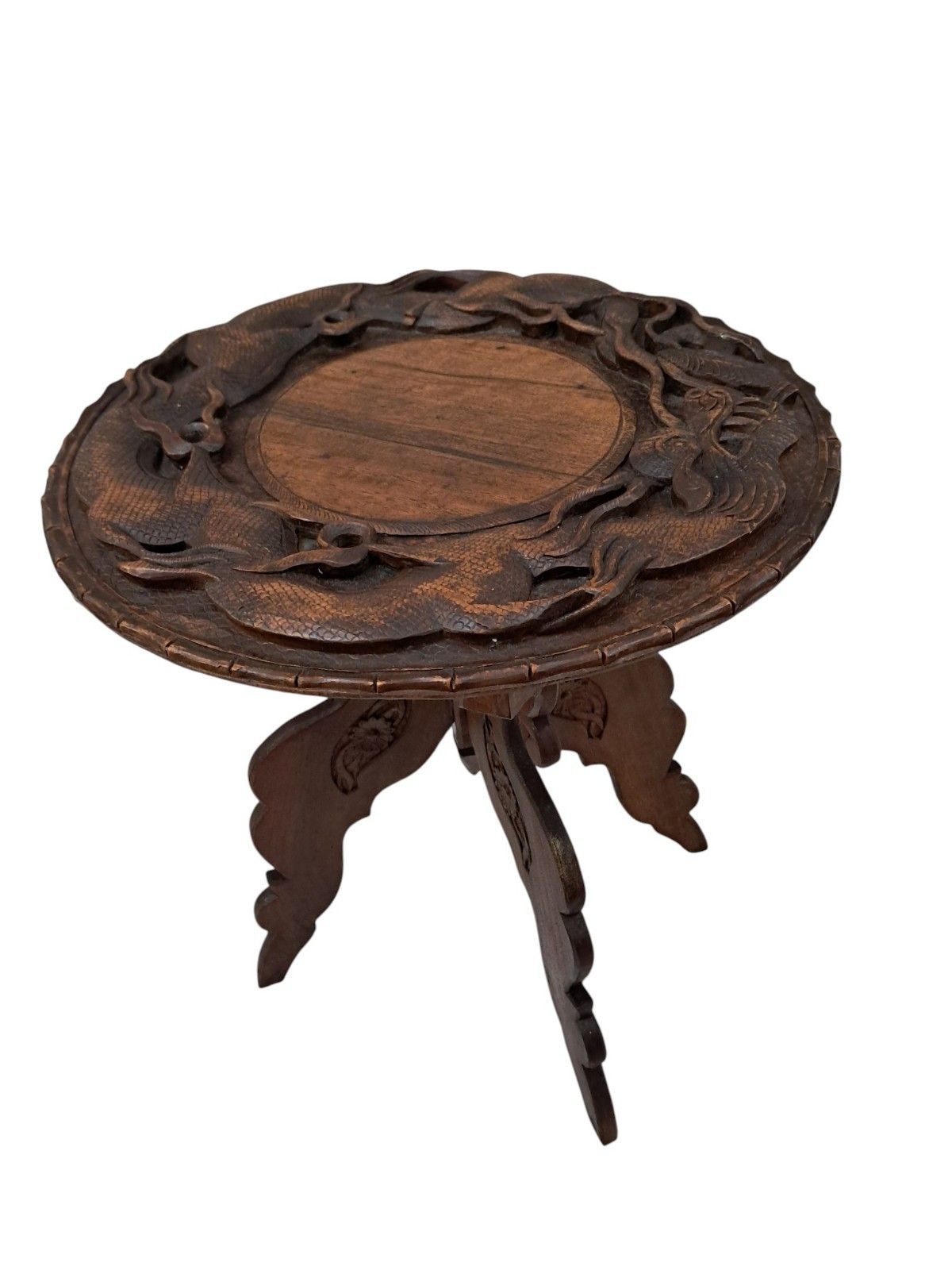 photo vintage Antique Oriental Table Dragon Wooden Carved Plant Side Table 1920