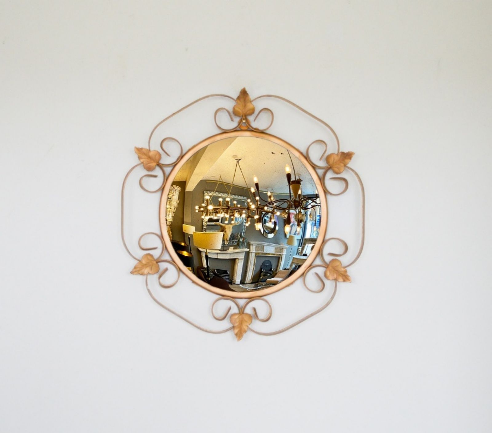 Retro 1970s Convex Gold Leaf Mirror: Metal Wall Decor photo furniture
