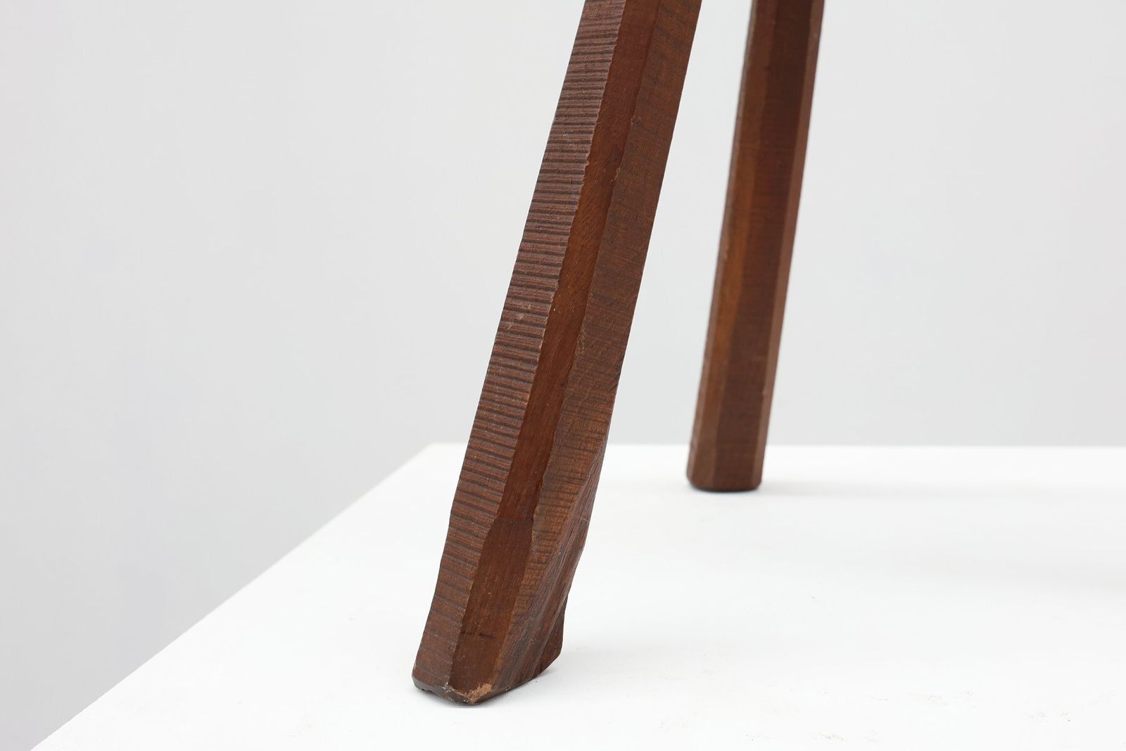Brutalist French Oak Tripod Stool With Metal Rim, 1850s photo vinterior