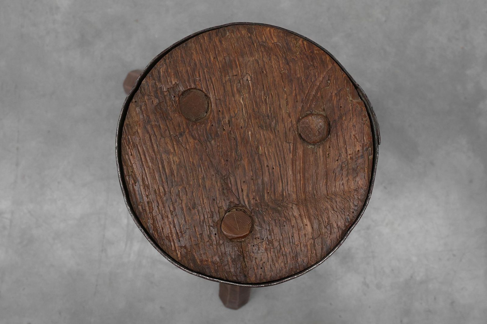 photo for sale Brutalist French Oak Tripod Stool With Metal Rim, 1850s