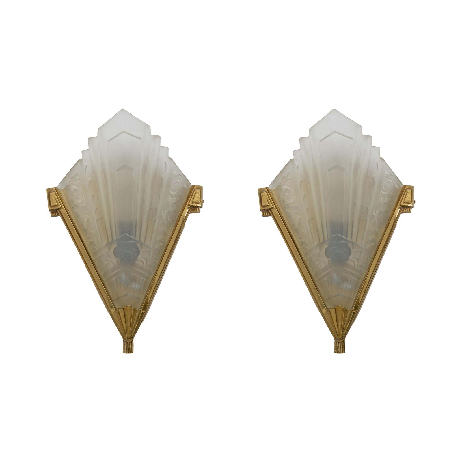 Pair Of Art Deco Pressed Glass And Brass Sconces, France, 1930s