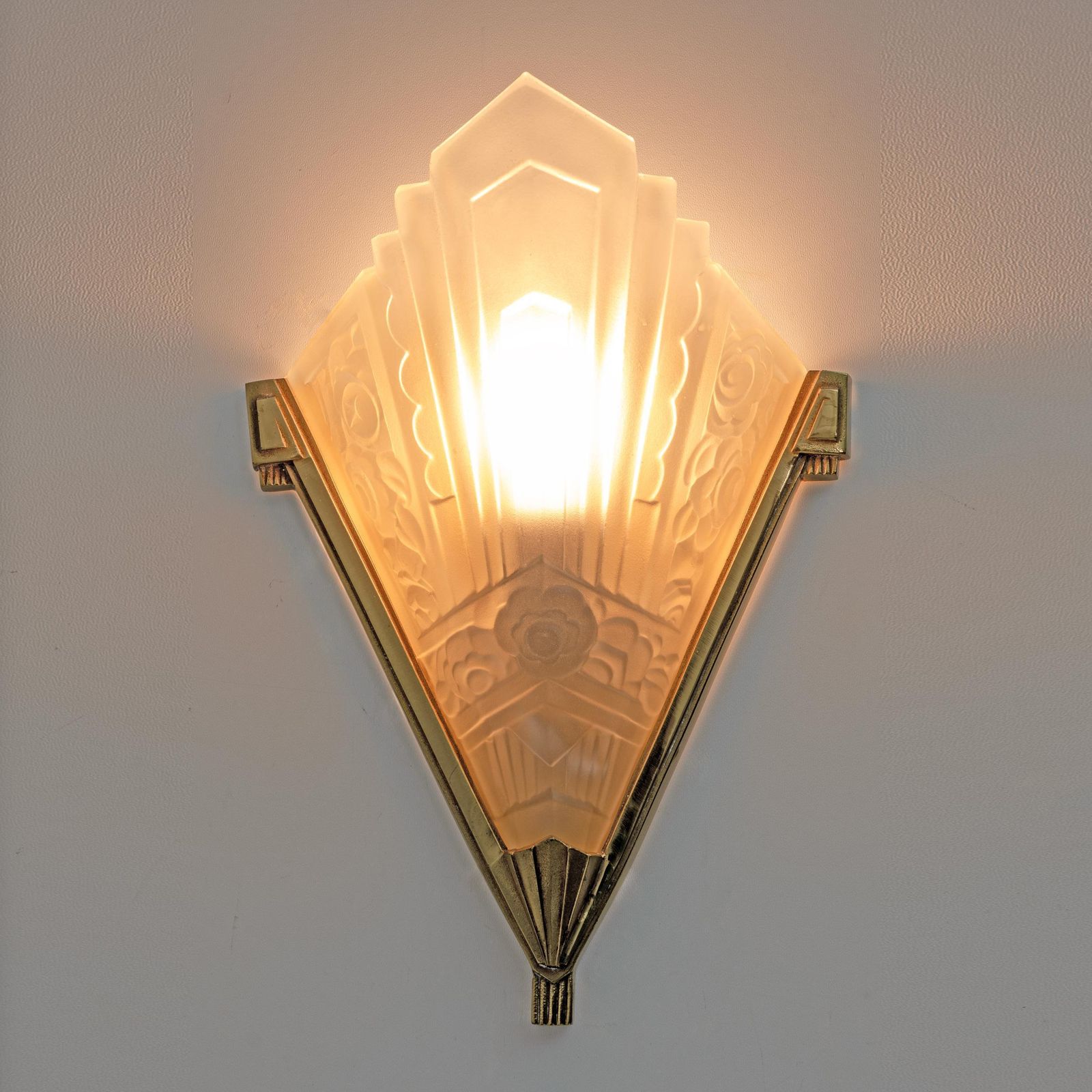 Pair Of Art Deco Pressed Glass And Brass Sconces, France, 1930s photo for sale