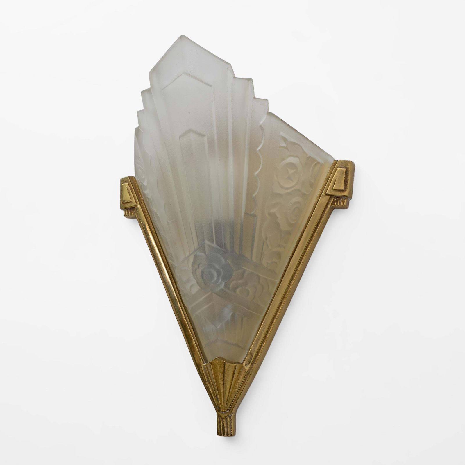 Pair Of Art Deco Pressed Glass And Brass Sconces, France, 1930s photo buy