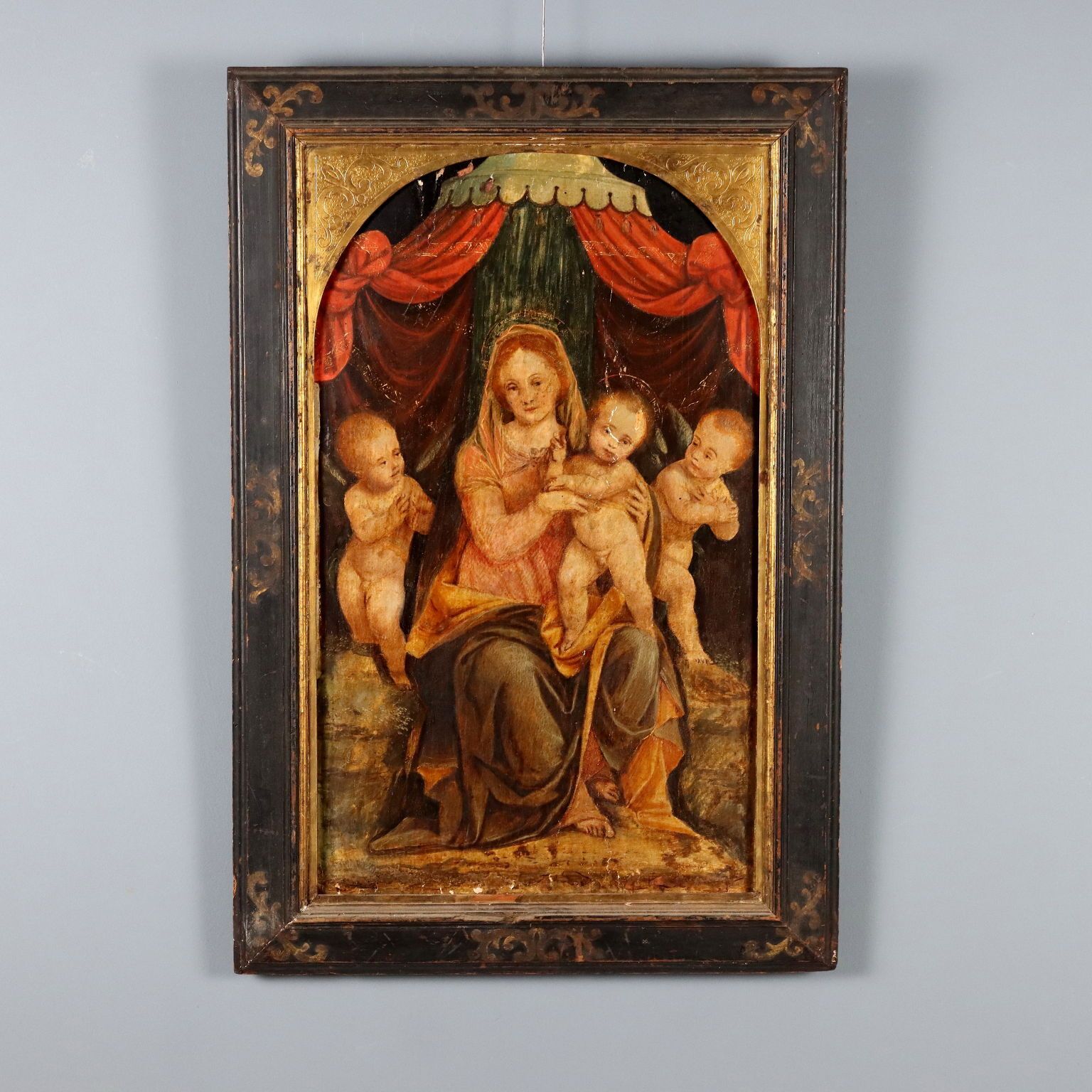 Antique Painting Virgin Mary With Jesus Child Oil On Hardboard '400