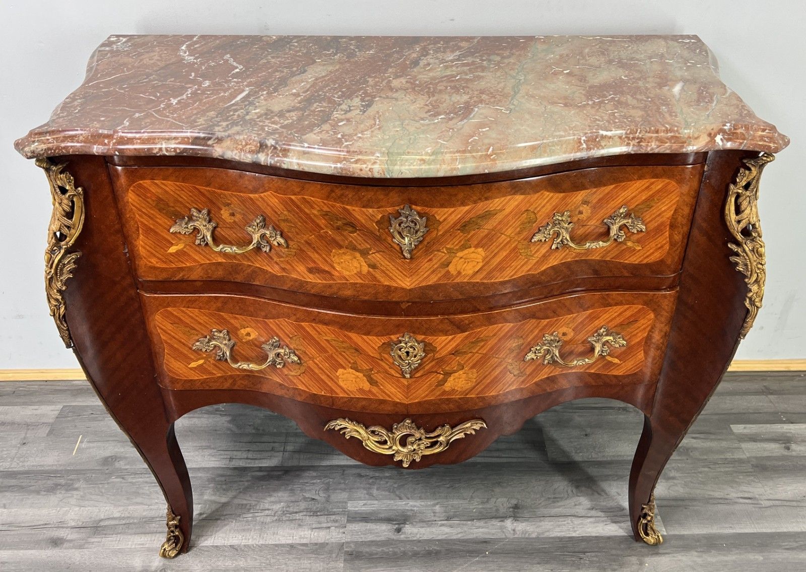 Chest Of Drawers Vintage French Style Marble Top Walnut Cabinet Lot 4781