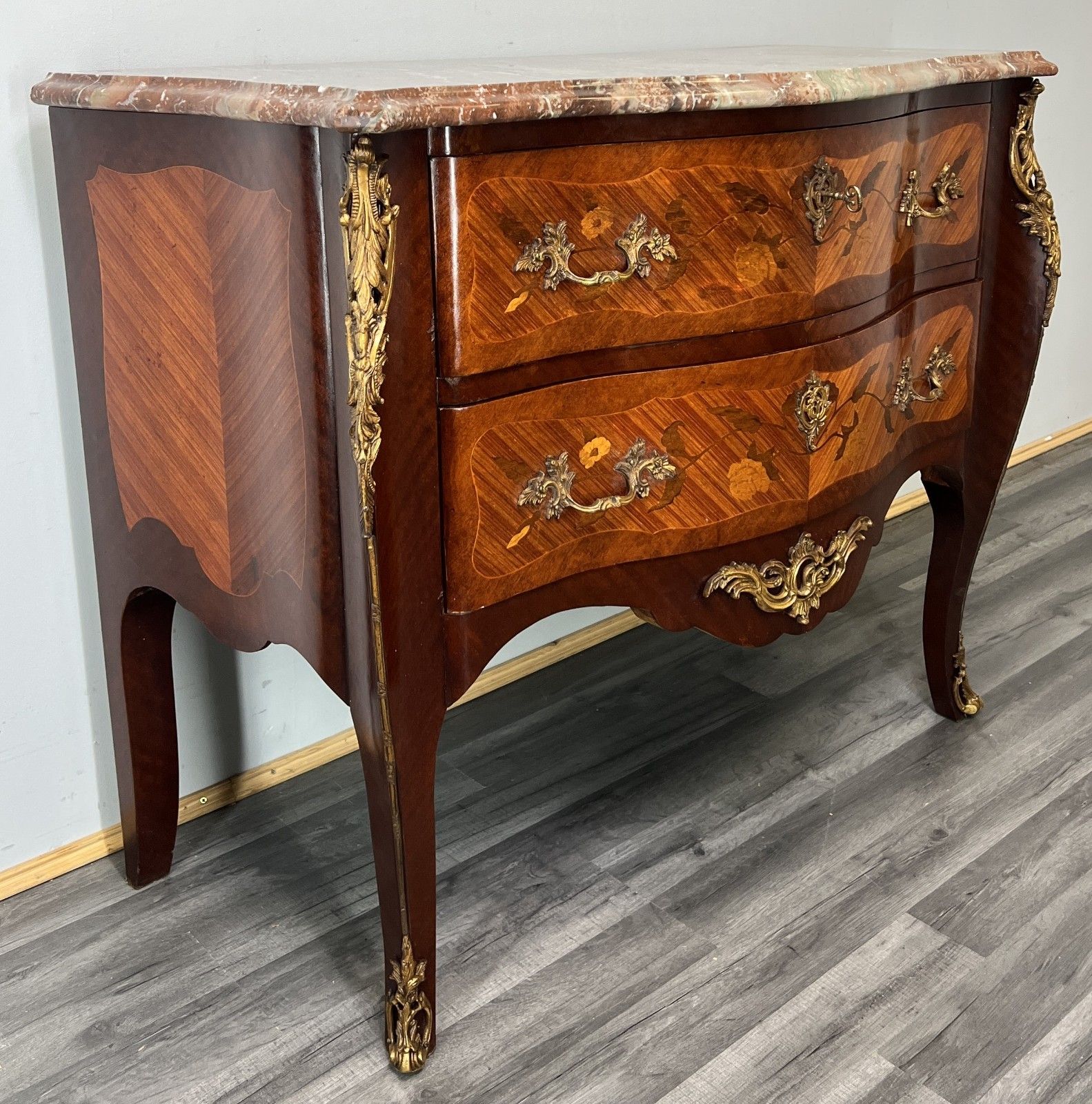 Chest Of Drawers Vintage French Style Marble Top Walnut Cabinet Lot 4781 photo for sale