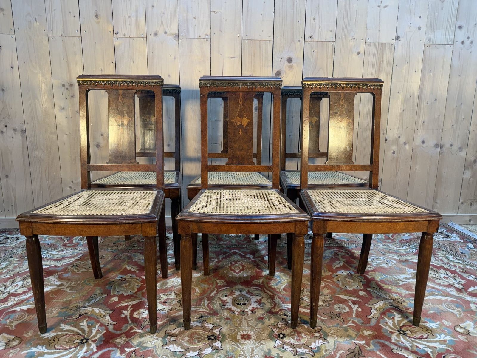 Suite De 6 Chaises époque Art Déco En Marqueterie Et Cannage