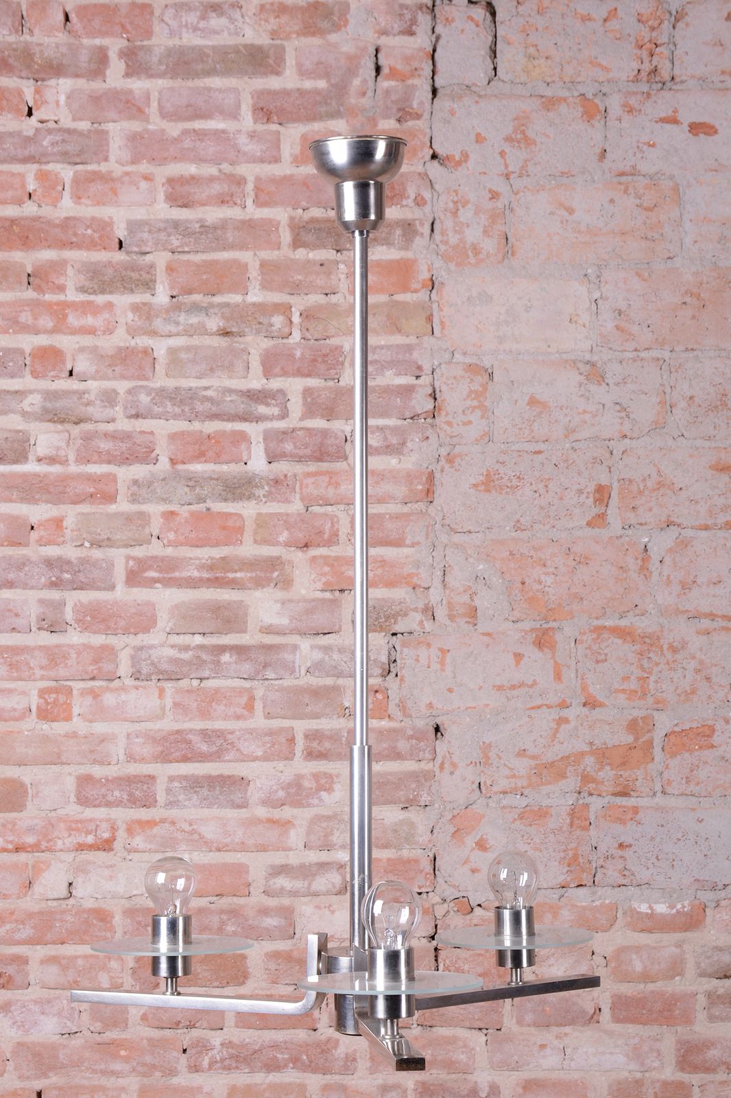 Restored Bauhaus Chandelier, Nickel Plated Steel, Opaline Glass, Czech, 1930s photo Lighting