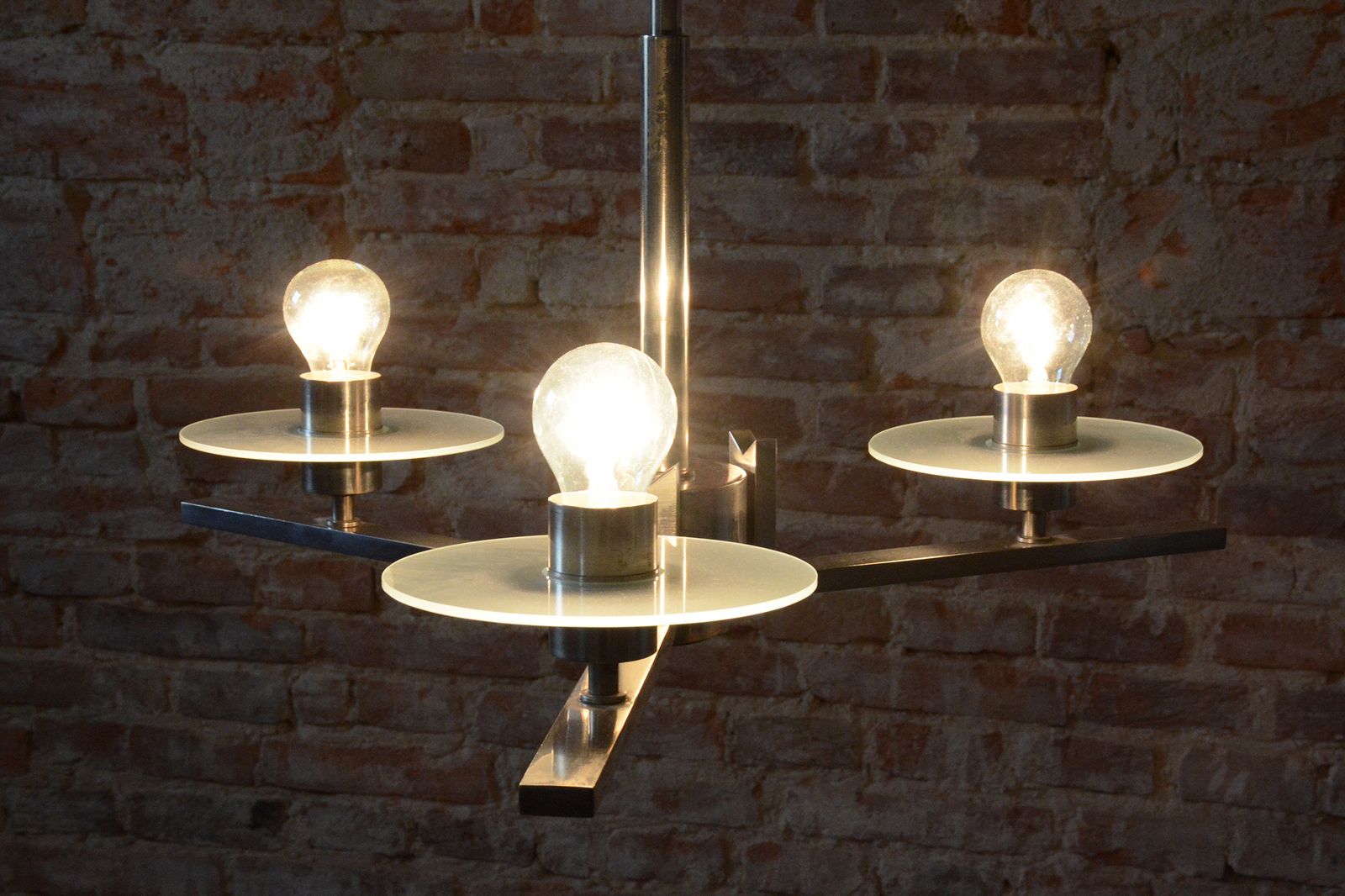 Restored Bauhaus Chandelier, Nickel Plated Steel, Opaline Glass, Czech, 1930s photo 1000.0