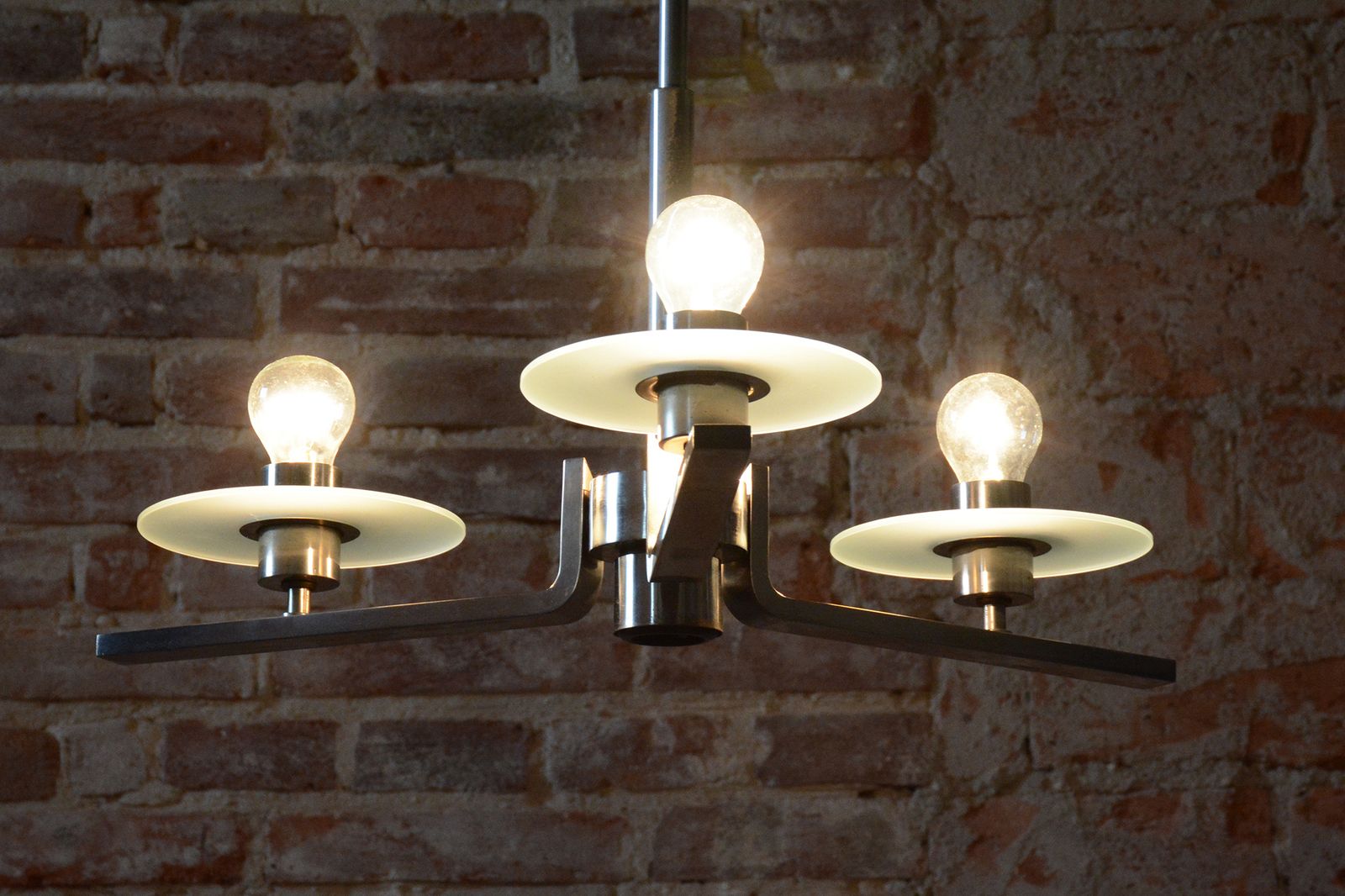 1000.0 Restored Bauhaus Chandelier, Nickel Plated Steel, Opaline Glass, Czech, 1930s photo