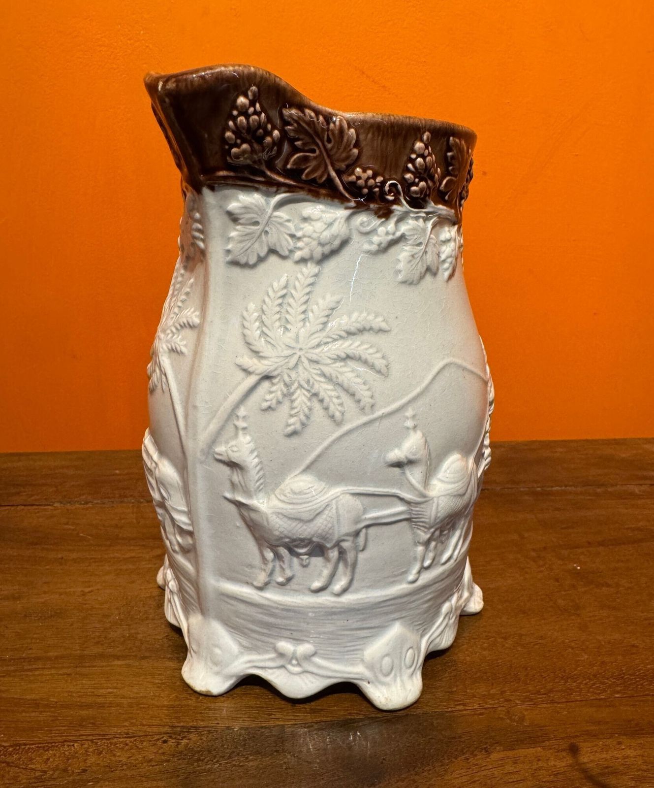 Victorian Yorkshire Pottery Jug Moulded With An Indian Carriage Scene photo vinterior