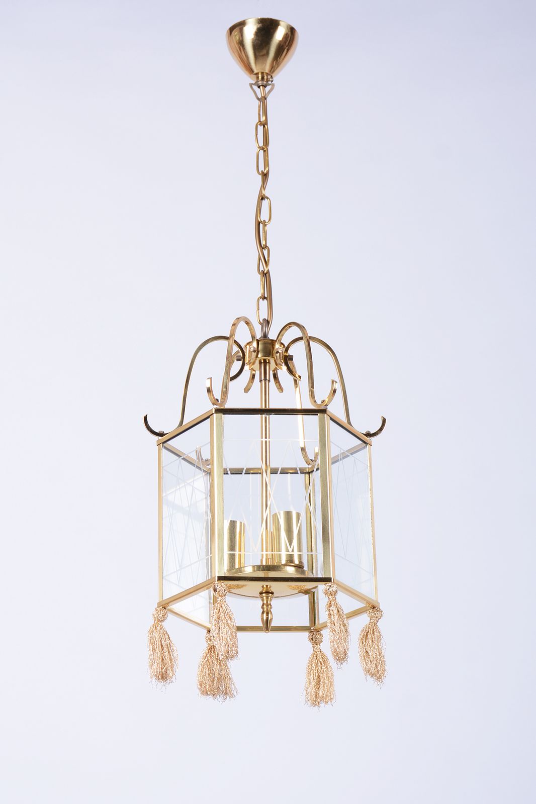Restored Art Deco Chandelier, Brass, Glass, Rewired, Sweden, 1940s