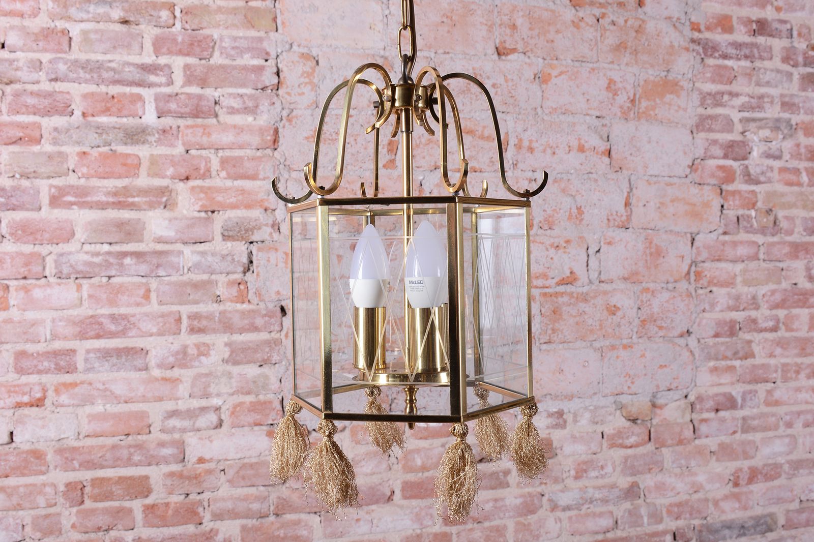 Restored Art Deco Chandelier, Brass, Glass, Rewired, Sweden, 1940s photo for sale
