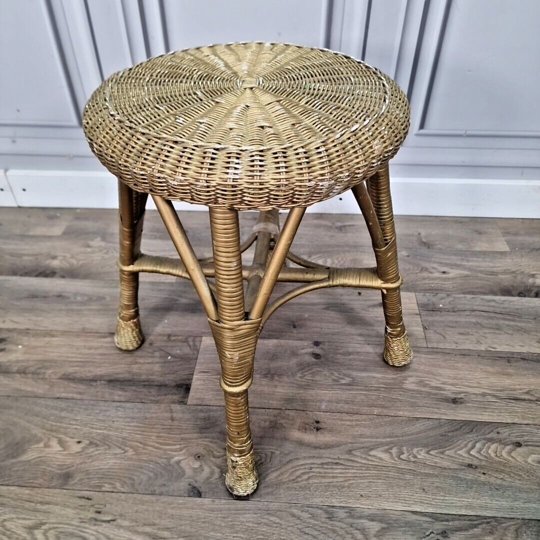 Retro Vintage Round Table Cane Small Gold Stool Wicker Weaved Dressing Seat