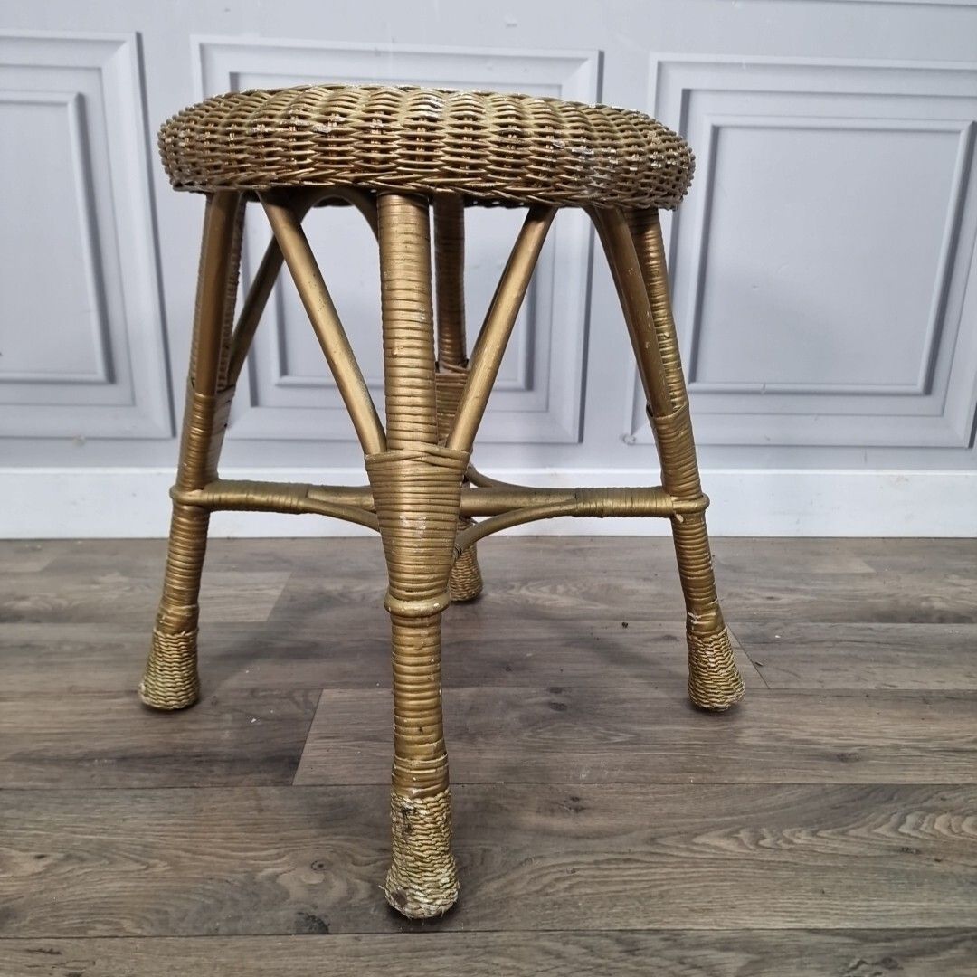 Retro Vintage Round Table Cane Small Gold Stool Wicker Weaved Dressing Seat photo furniture