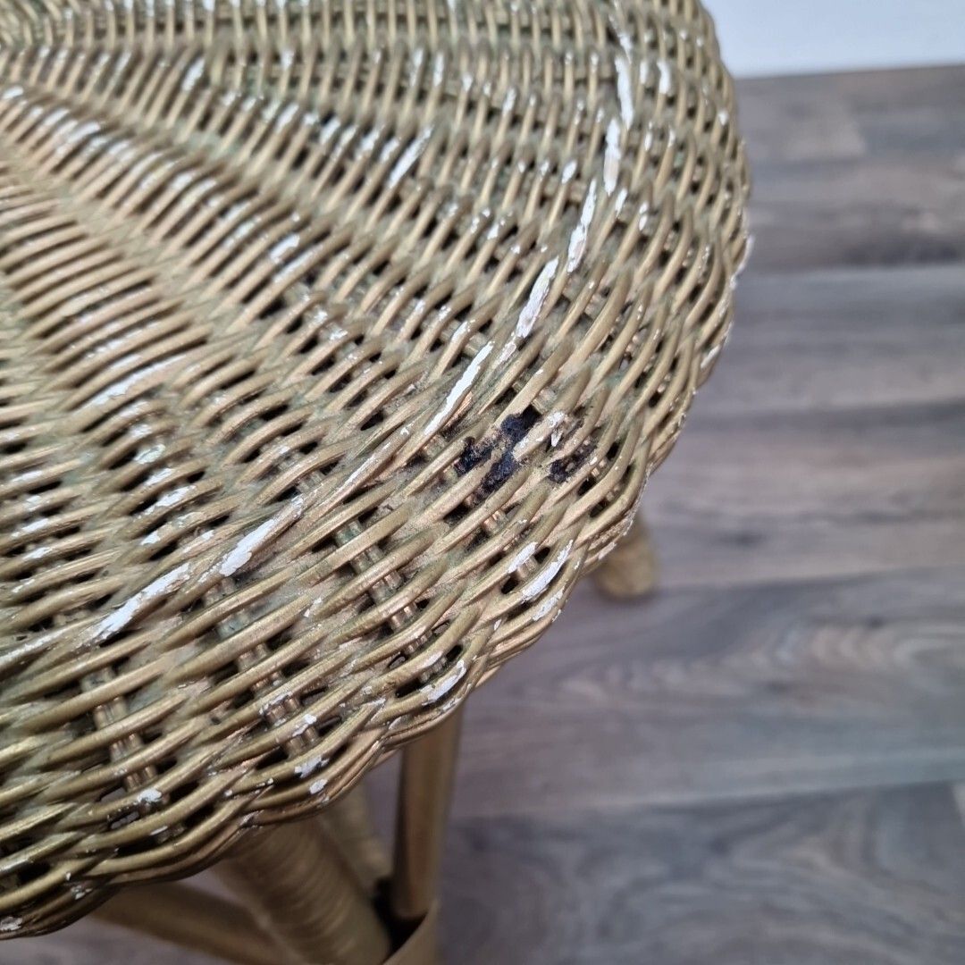 Retro Vintage Round Table Cane Small Gold Stool Wicker Weaved Dressing Seat photo vinterior