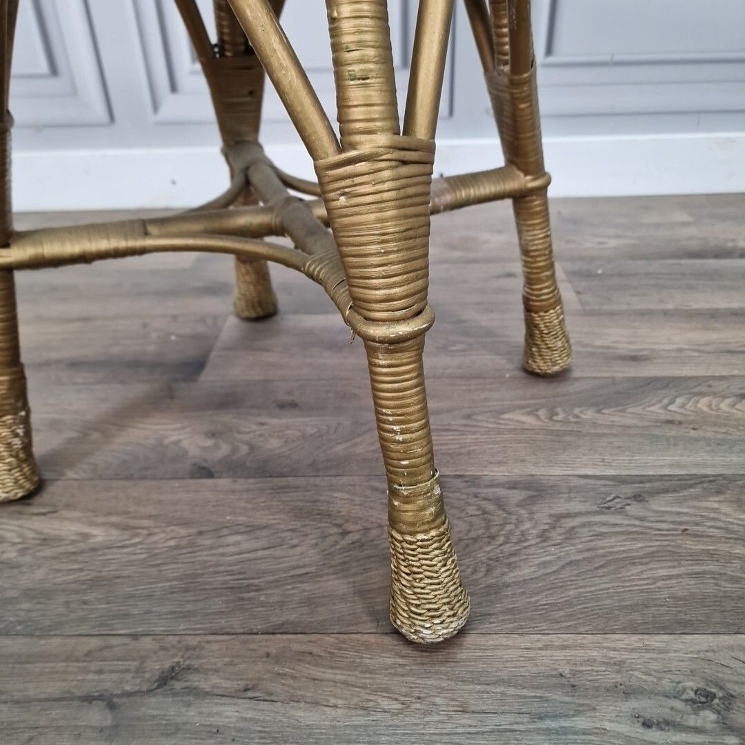 photo furniture Retro Vintage Round Table Cane Small Gold Stool Wicker Weaved Dressing Seat