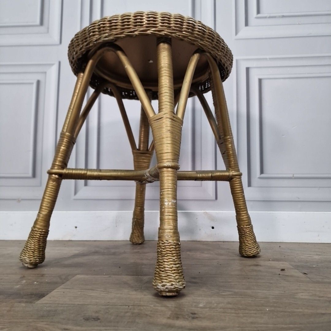 photo vinterior Retro Vintage Round Table Cane Small Gold Stool Wicker Weaved Dressing Seat