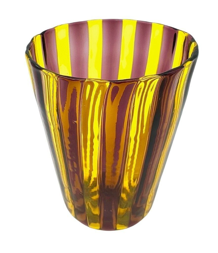 A Set Of Six Wonderful Italian Handblown Murano Glass Tumblers With Brown And White Stripes photo for sale