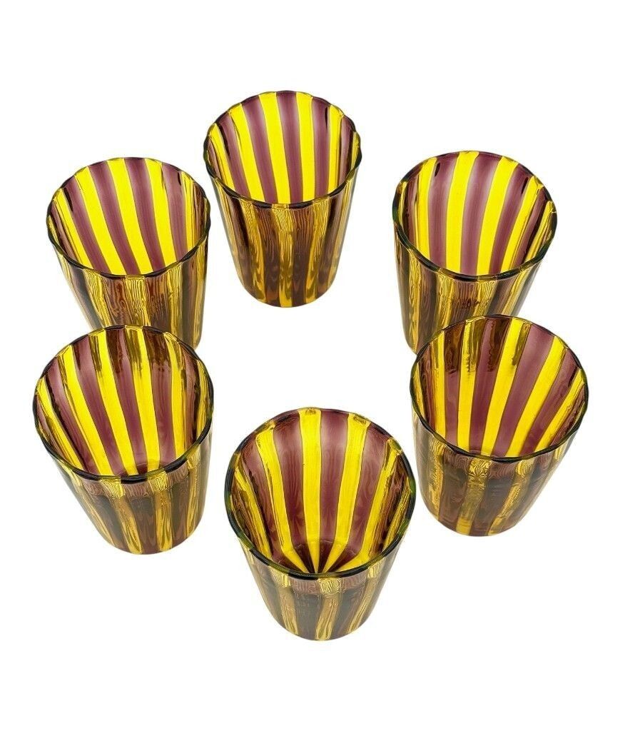 A Set Of Six Wonderful Italian Handblown Murano Glass Tumblers With Brown And White Stripes photo 550.0