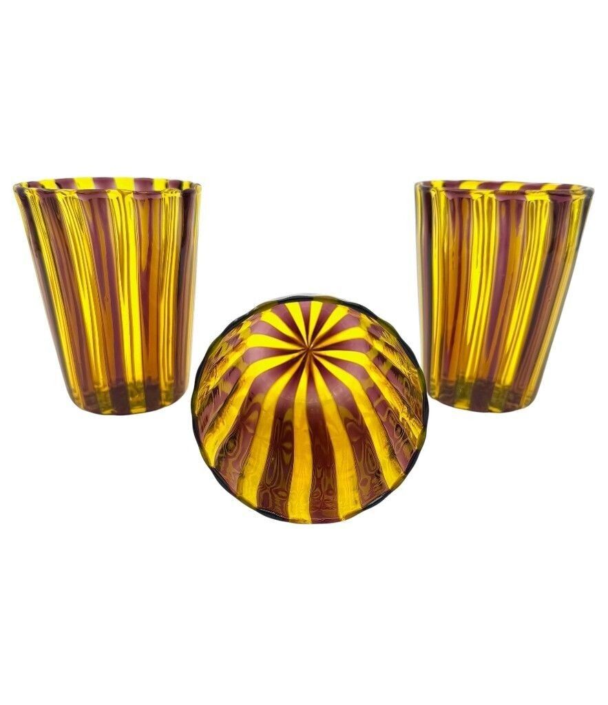 A Set Of Six Wonderful Italian Handblown Murano Glass Tumblers With Brown And White Stripes photo buy