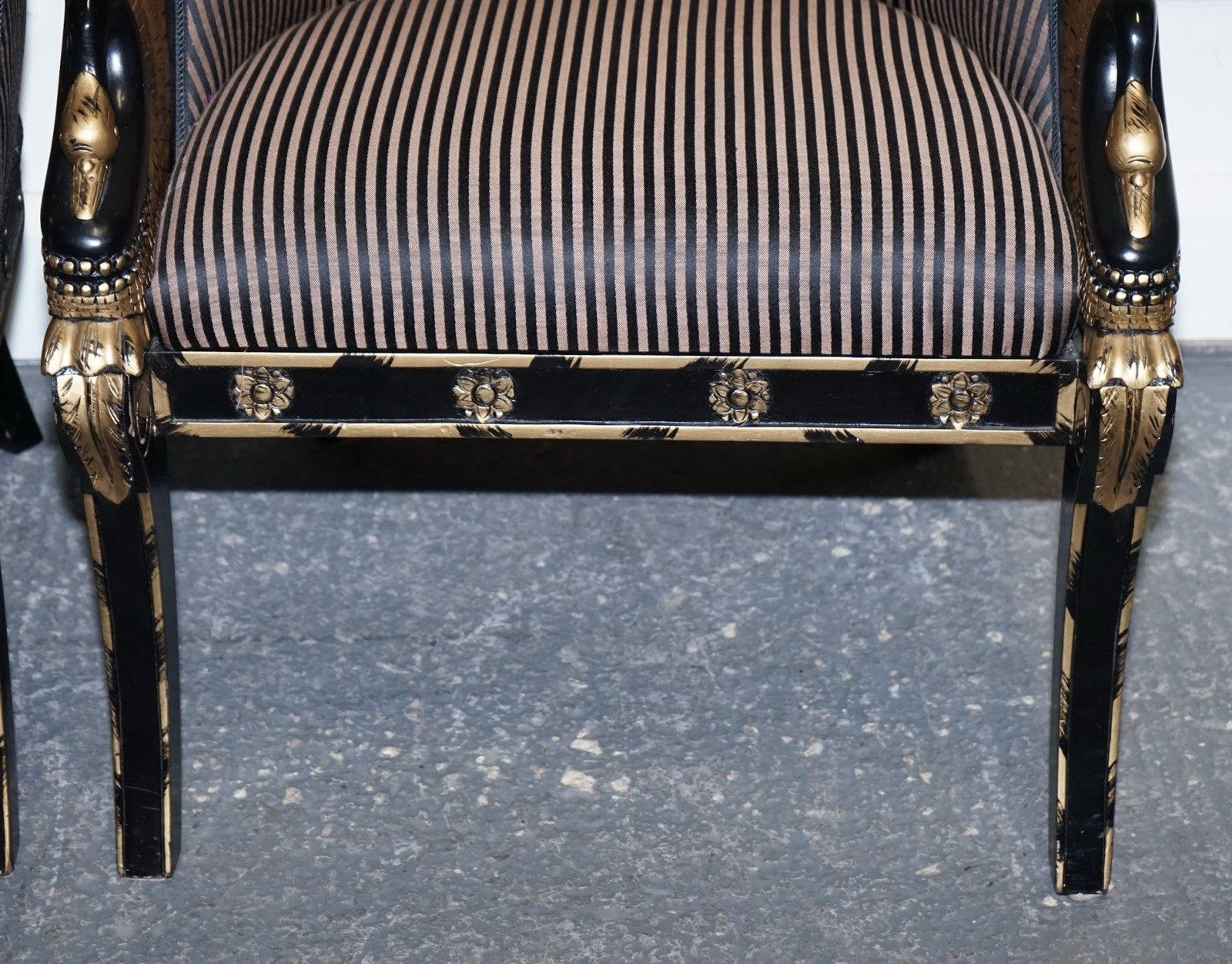 photo furniture Lovely Pair Of Black Lacquered And Gilt Upholstered Open Armchairs