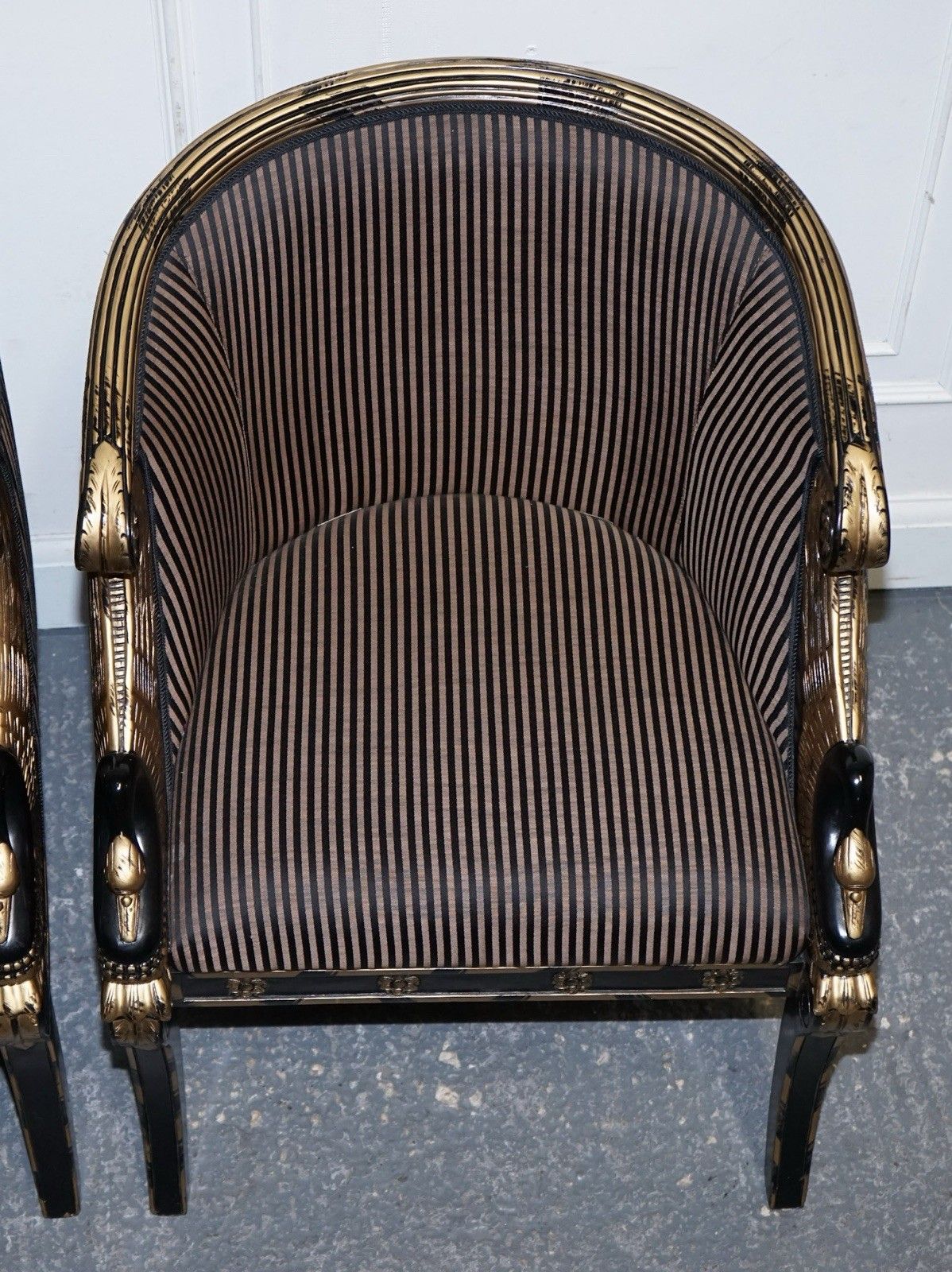 1328.0 Lovely Pair Of Black Lacquered And Gilt Upholstered Open Armchairs photo