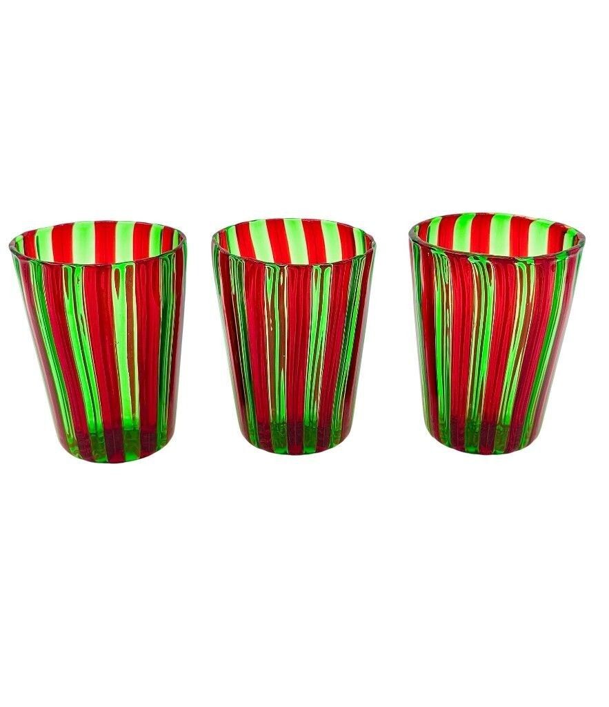 A Set Of Six Wonderful Italian Handblown Murano Glass Tumblers With Green And Red Stripes photo for sale