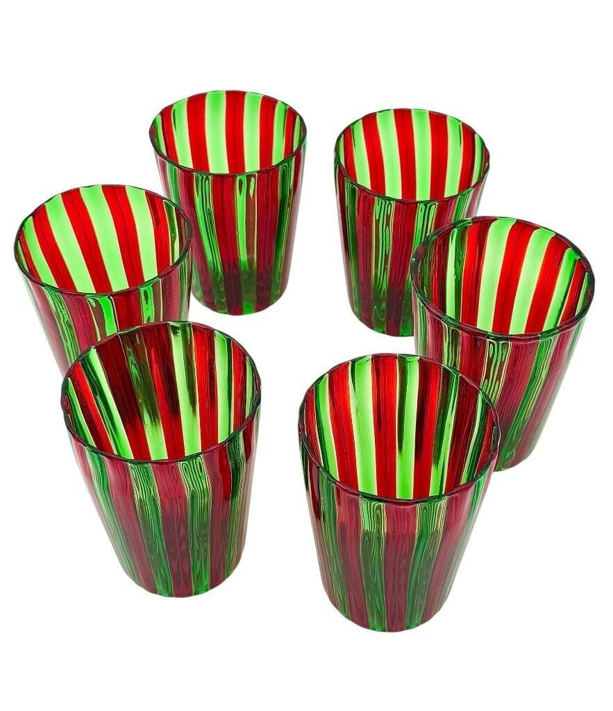 A Set Of Six Wonderful Italian Handblown Murano Glass Tumblers With Green And Red Stripes photo 550.0