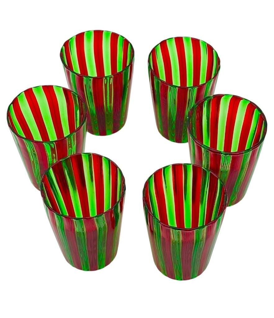 Home Decor A Set Of Six Wonderful Italian Handblown Murano Glass Tumblers With Green And Red Stripes photo