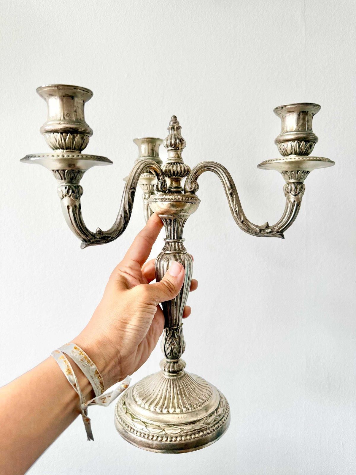 photo for sale Antique French Very Large Silver Plated Candelabra Pair With 3 Lights 1700 Style, Very Nice Proportions And Fine Decor Table Top