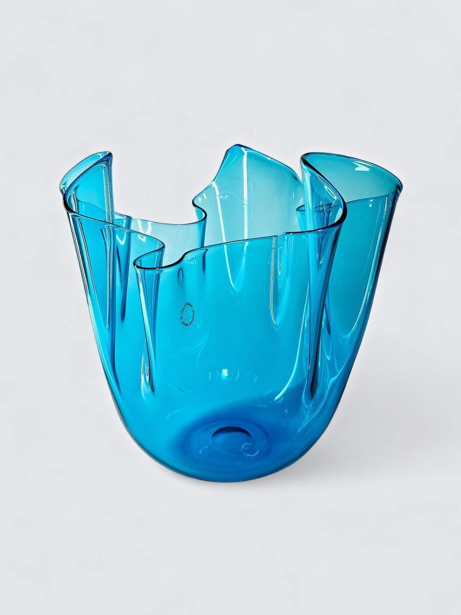 Fazzoletto Vase In Blue Murano Glass From Venini, Italy