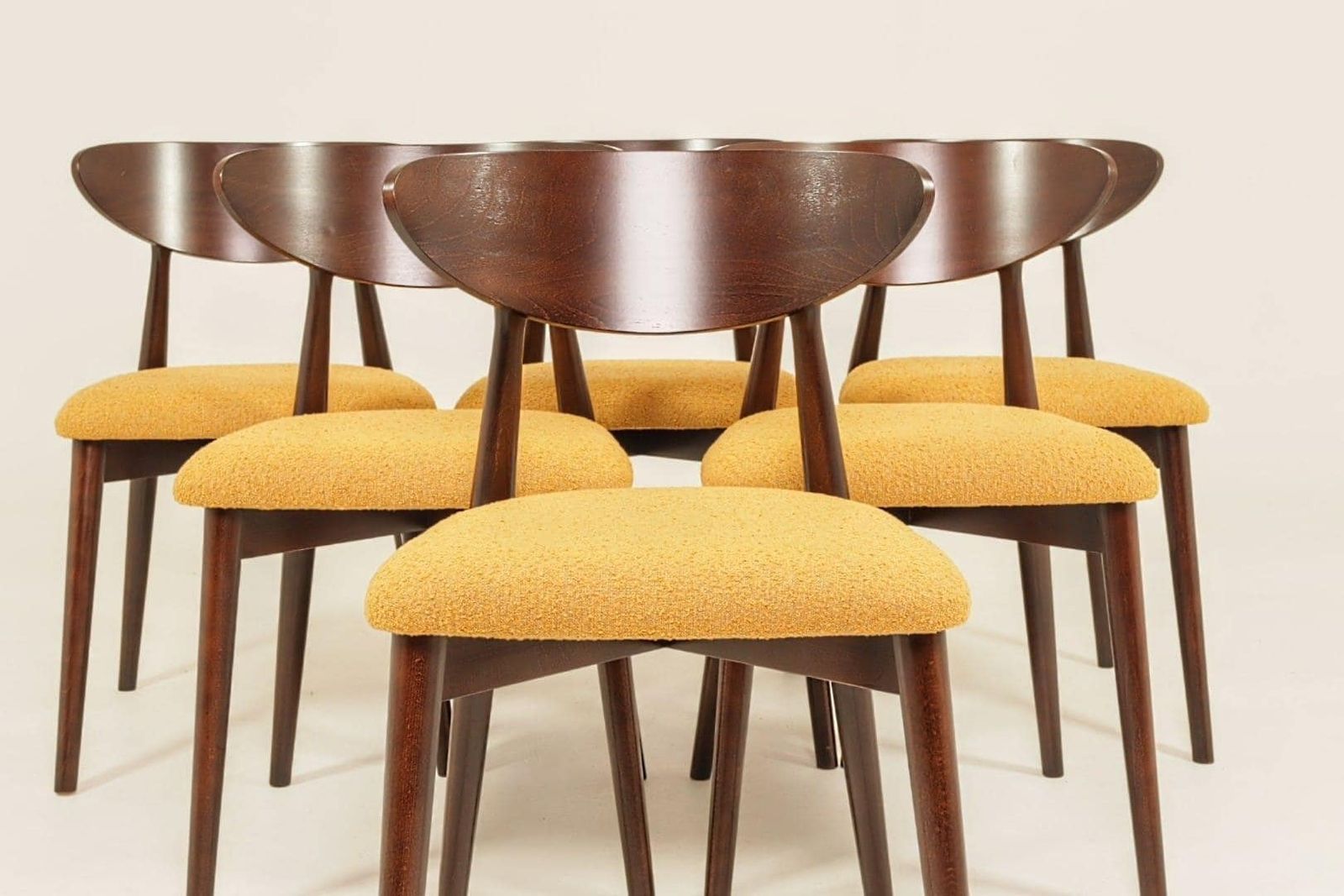 Ocra Dining Chairs Set Of 6, Yellow Bouclè Fabric, Dark Wood photo vintage