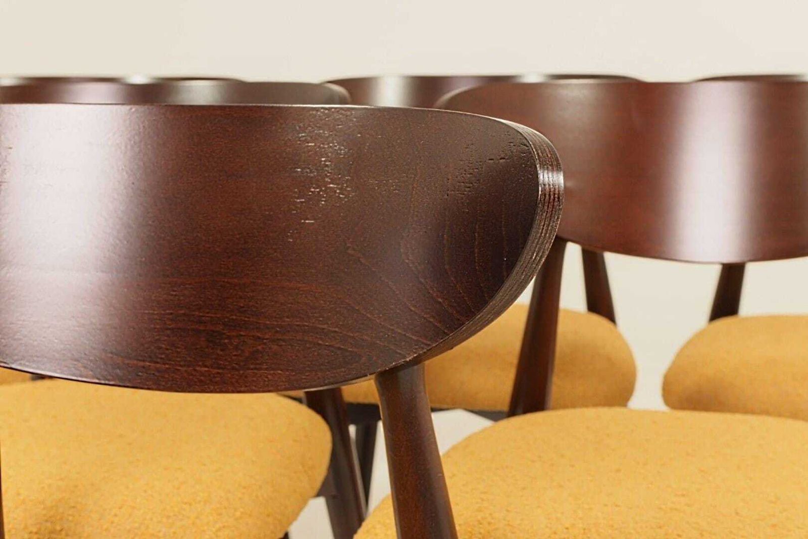 photo for sale Ocra Dining Chairs Set Of 6, Yellow Bouclè Fabric, Dark Wood