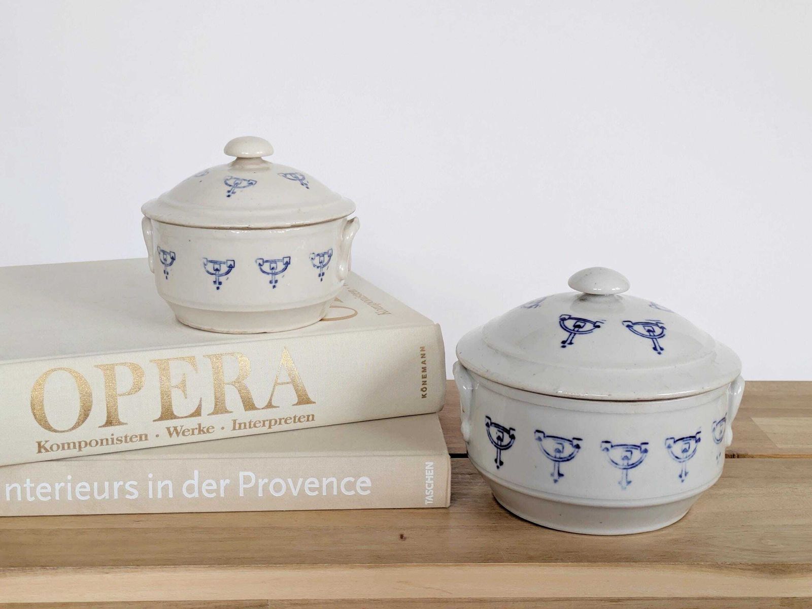 Set Of 2 Antique Art Deco Saint Uze Lidded Ceramic Pots, French Blue