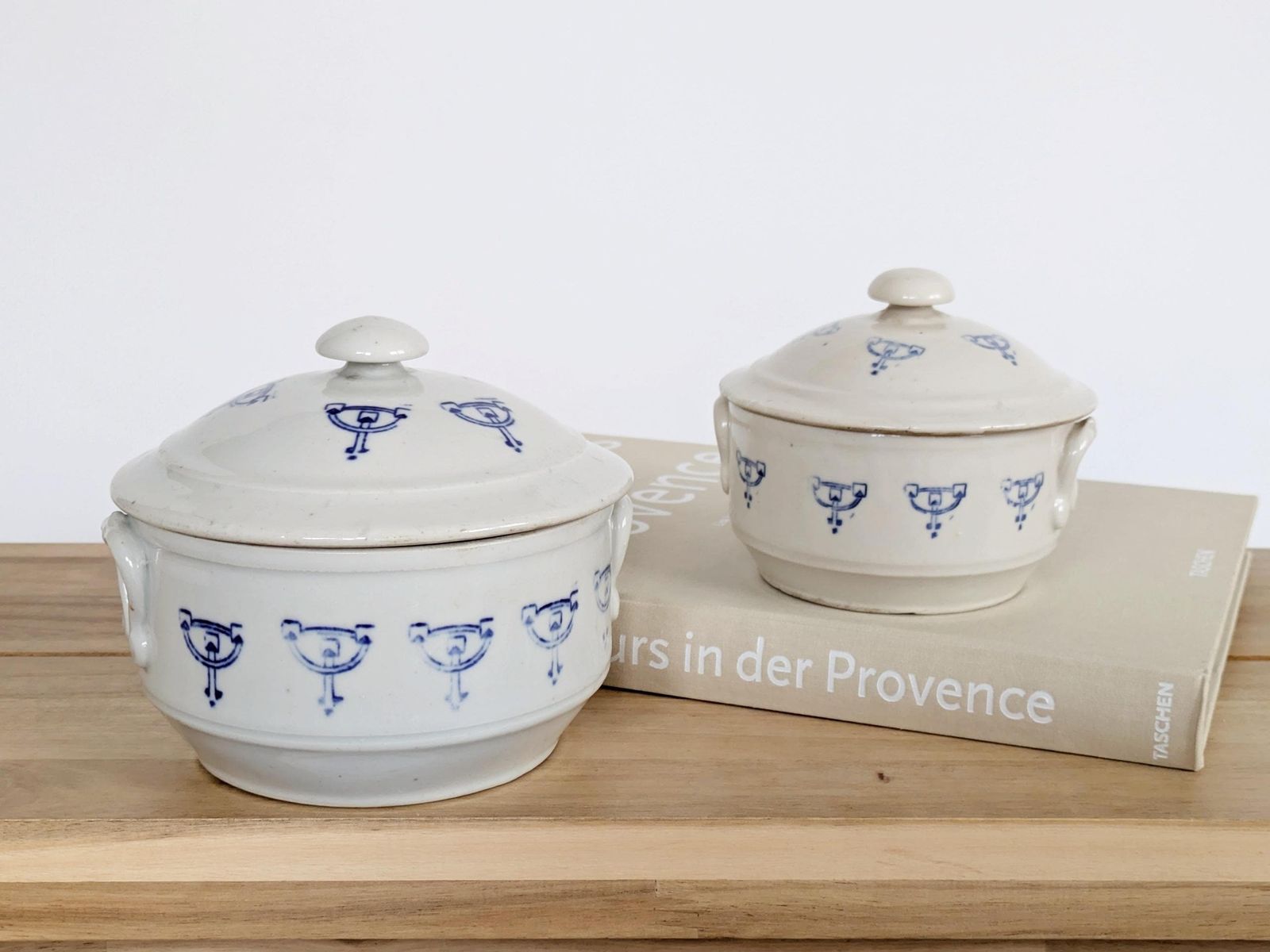 Set Of 2 Antique Art Deco Saint Uze Lidded Ceramic Pots, French Blue photo for sale