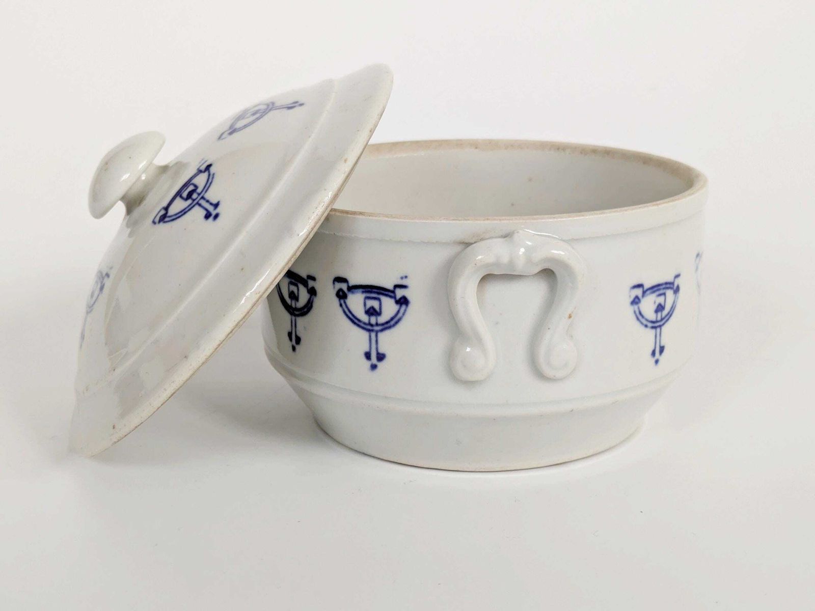 photo furniture Set Of 2 Antique Art Deco Saint Uze Lidded Ceramic Pots, French Blue