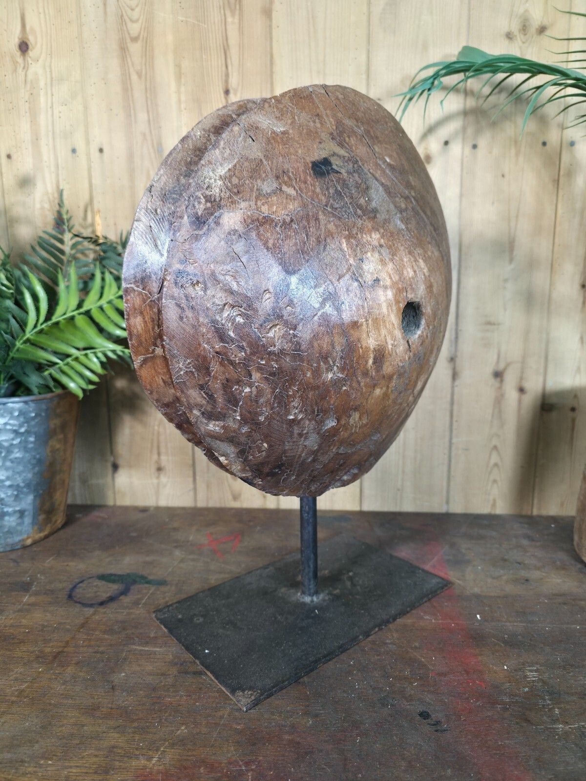 Old Ancient Wabi Sabi Rustic Salvaged Wooden Pulley Cart Wheel Mounted On Stand photo for sale