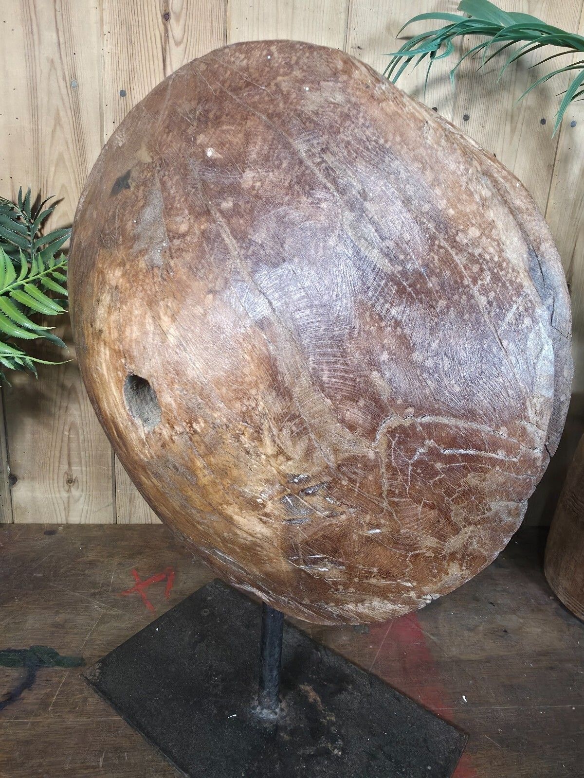 Old Ancient Wabi Sabi Rustic Salvaged Wooden Pulley Cart Wheel Mounted On Stand photo vintage