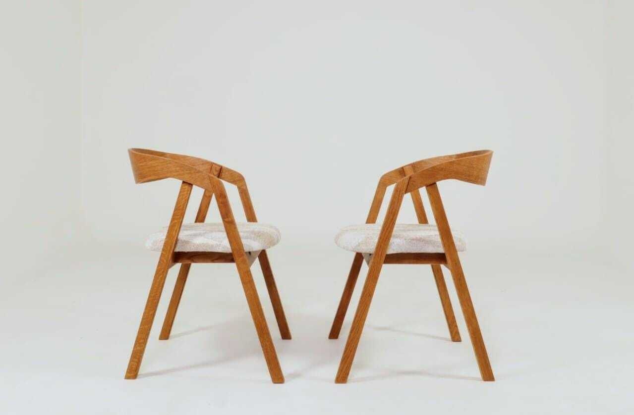 Set Of Two Oak Dining Chairs, Natural Wood, Jacquard Fabric photo for sale