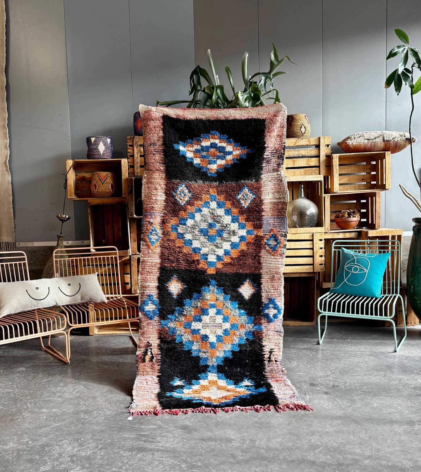 Vintage Moroccan Boujad Rug, 95x210 Cm – Handmade Berber Wool Rug – 1970s/1980s