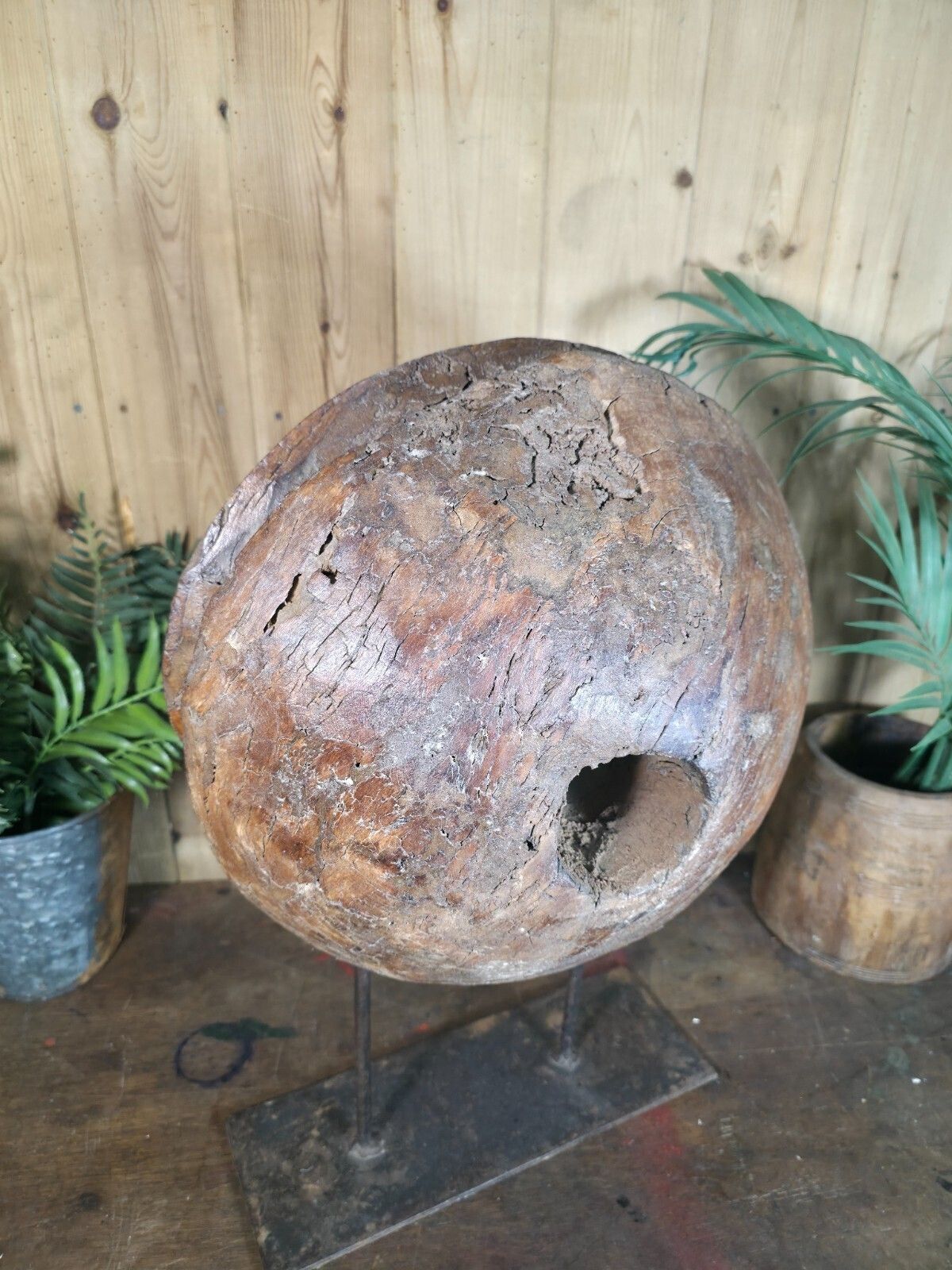Old Ancient Wabi Sabi Rustic Salvaged Wooden Pulley Cart Wheel Mounted On Stand photo Art