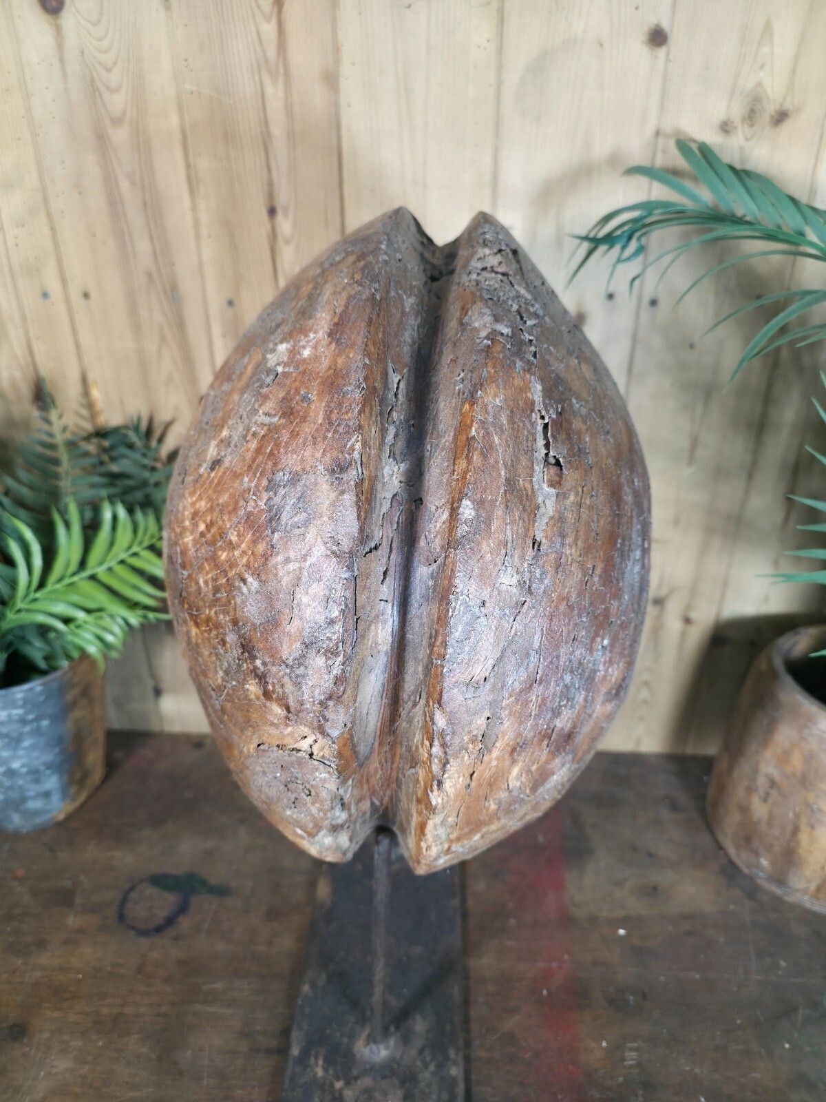Old Ancient Wabi Sabi Rustic Salvaged Wooden Pulley Cart Wheel Mounted On Stand photo vinterior