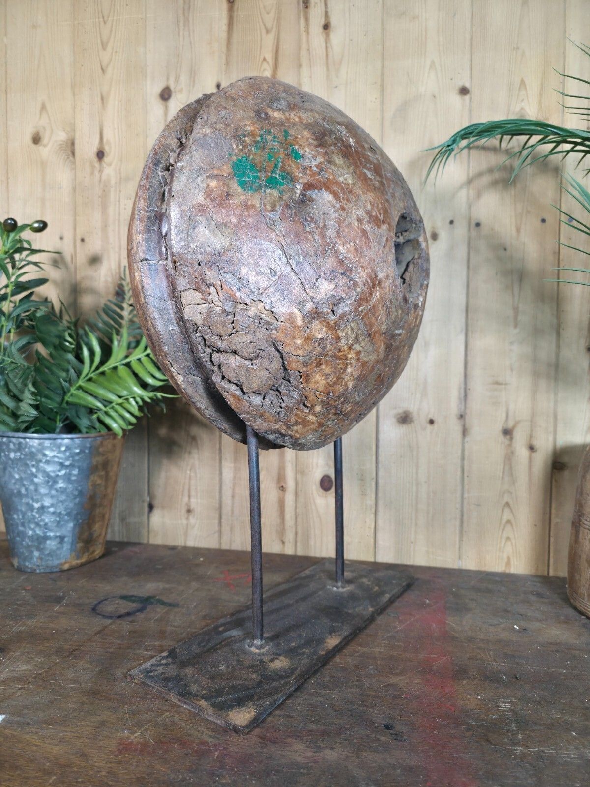 photo furniture Old Ancient Wabi Sabi Rustic Salvaged Wooden Pulley Cart Wheel Mounted On Stand