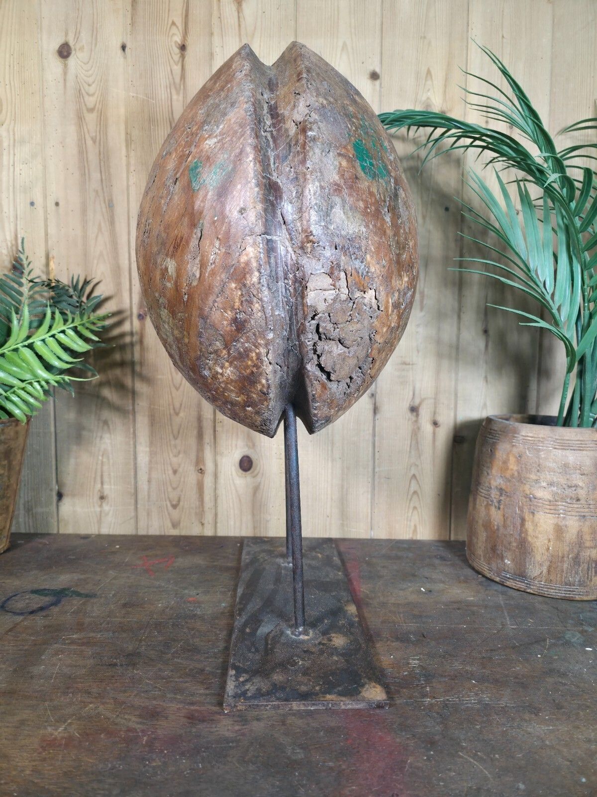 photo for sale Old Ancient Wabi Sabi Rustic Salvaged Wooden Pulley Cart Wheel Mounted On Stand